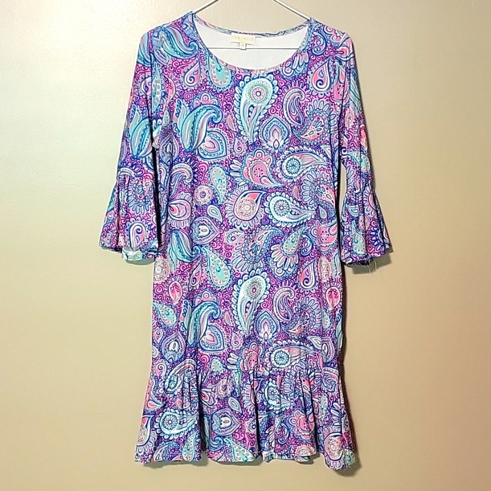 Simply Southern Paisley Ruffle Stretch Dress Purple Womens Small‎